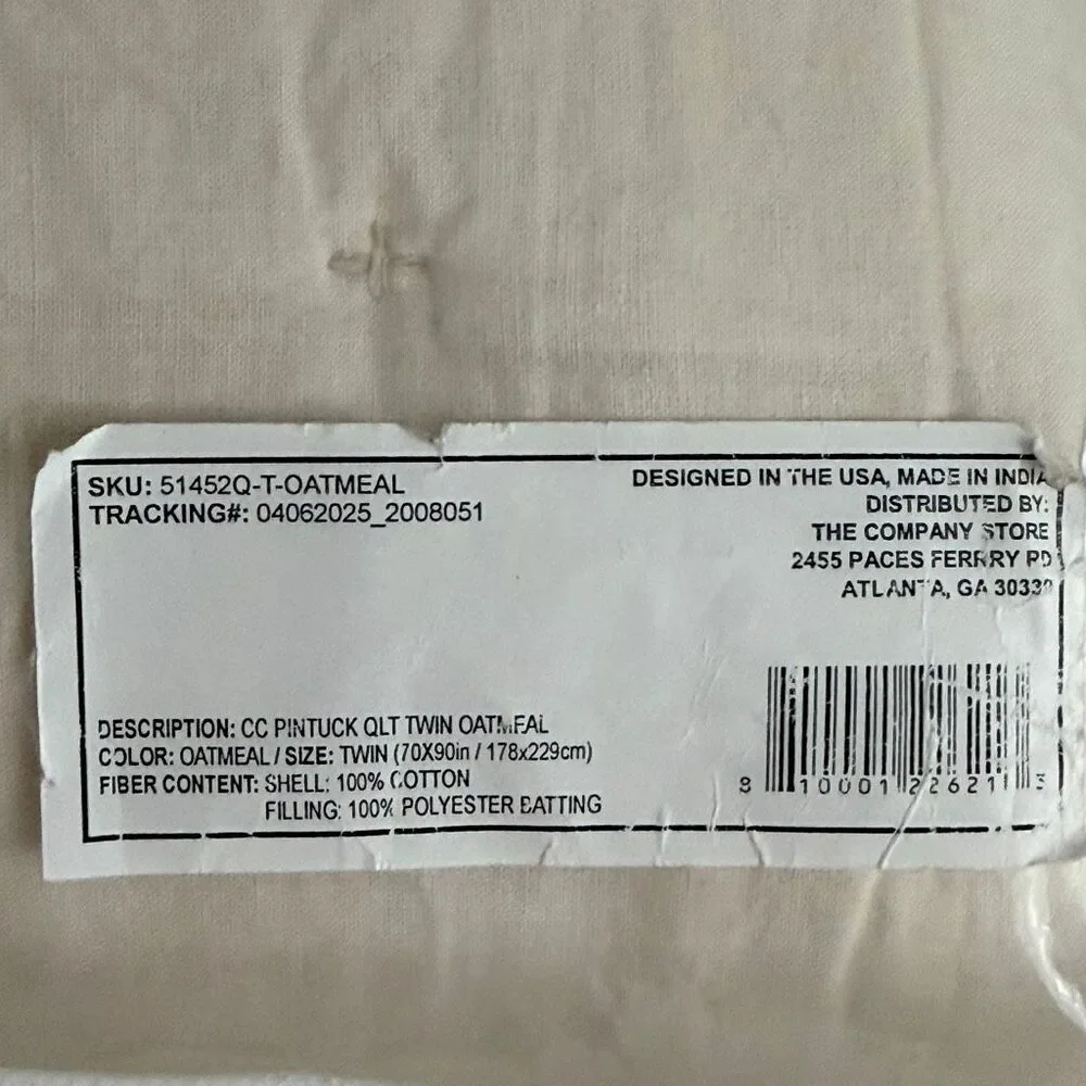 The Company Store Pintuck Oatmeal Twin Cotton Quilt New